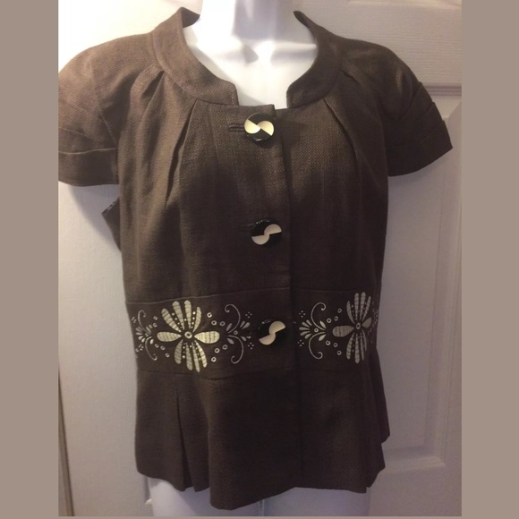 ELEVENSES Brown Linen Blazer Jacket Floral Ivory Anthropologie Workwear Office - Picture 1 of 7